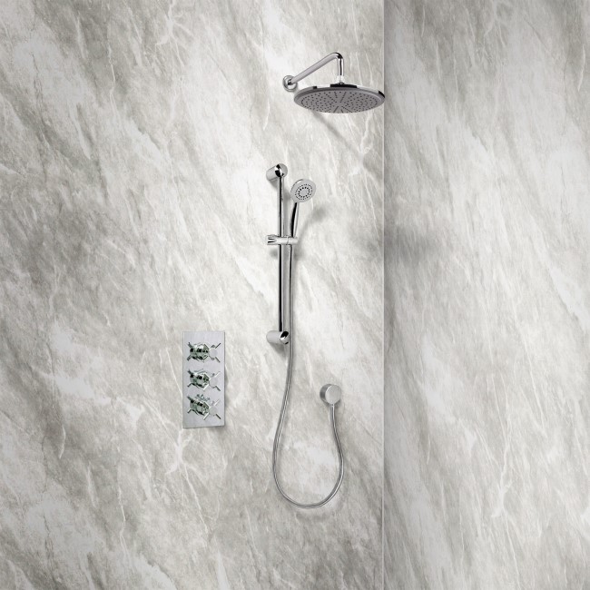 Rina Slide Shower Rail Kit with EcoStyle Triple Valve 250mm Head Wall Outlet Filler & Overflow
