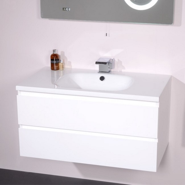 900mm Wall Hung Vanity Unit with Basin - White Single Drawer - Barcelona Range