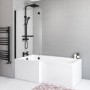 Lomax 1500 x 850 L Shaped Shower Bath Left Hand with Front Panel & Matt Black Bath Screen with Towel Rail