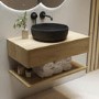 800mm Oak Wall Hung Countertop Vanity Unit with Black Marble Effect Basin and Shelves - Lugo
