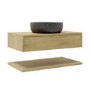 800mm Oak Wall Hung Countertop Vanity Unit with Black Marble Effect Basin and Shelves - Lugo
