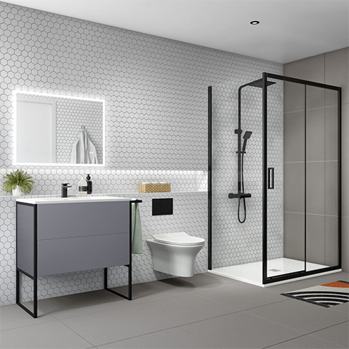 Modern bathroom with black shower & enclosure, also featuring a grey vanity unit with black trim.