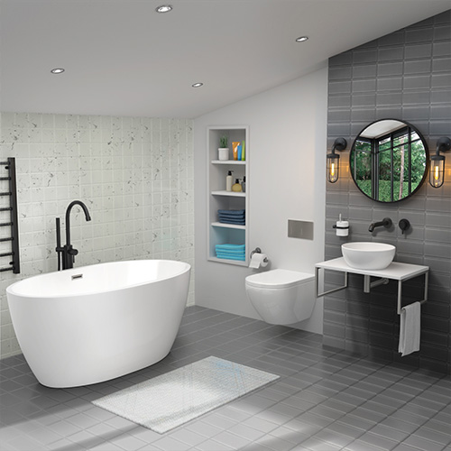 Modern bathroom with black fixtures & fittings, grey wall & floor tiles and white bath & toilet.