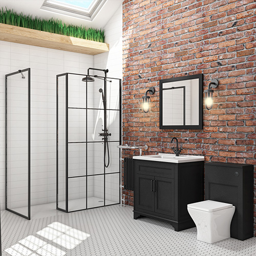Traditionally styled bathroom with black freestanding vanity unit, shower enclosure & shower.