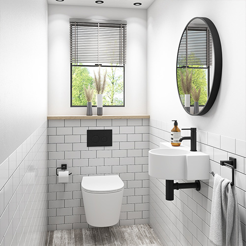 Small WC with white toilet & basin, finished with black fixtures & accessories.