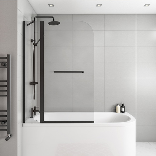 Modern bathroom with black shower, white bath and bath screen.