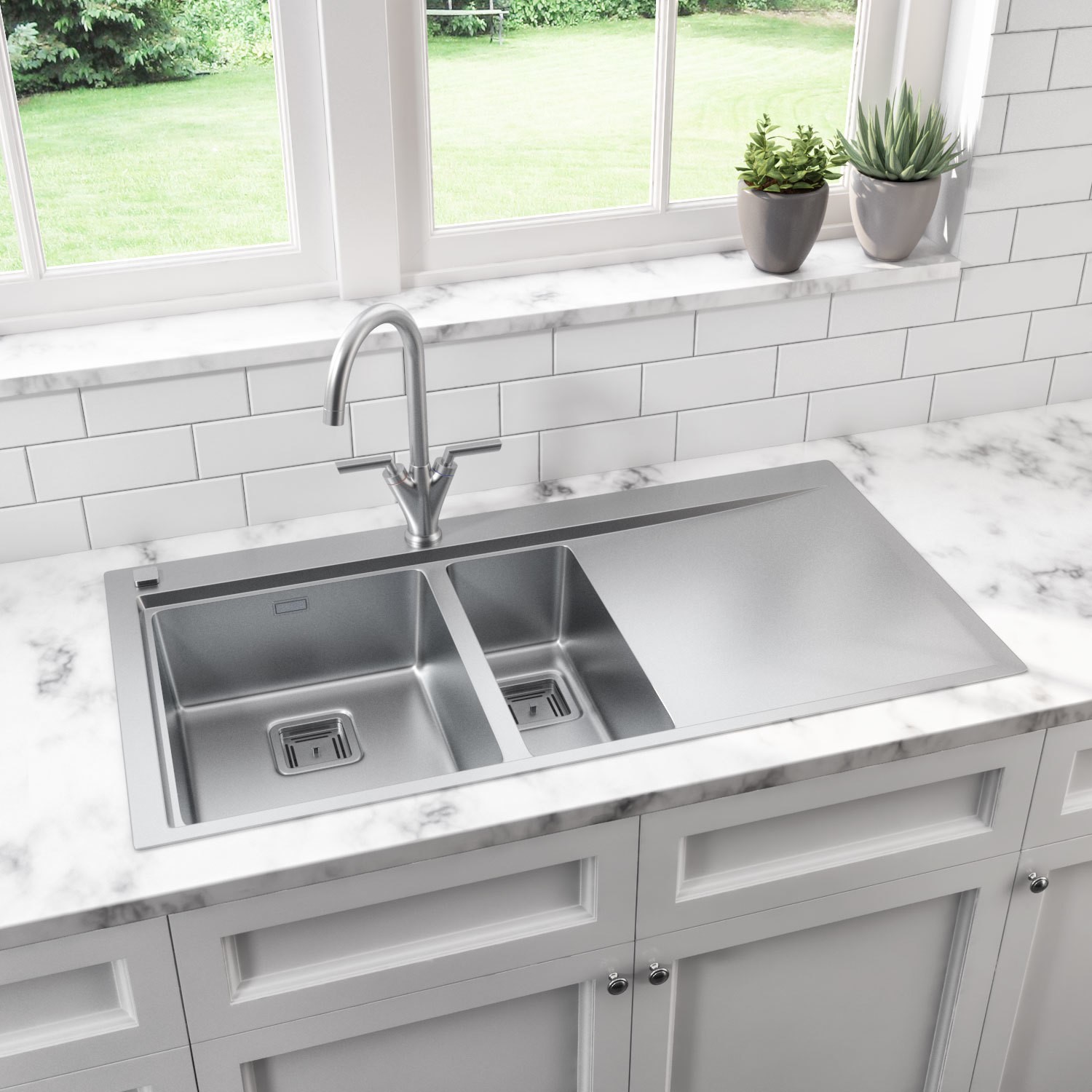 1.5 Bowl Chrome Stainless Steel Kitchen Sink with Right Hand Drainer - Taylor & Moore Oakley