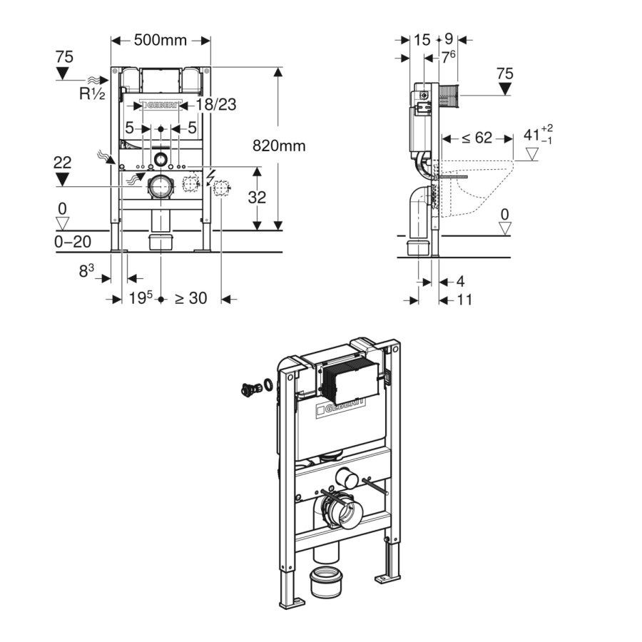 Geberit Kappa 820mm Frame and Concealed Cistern