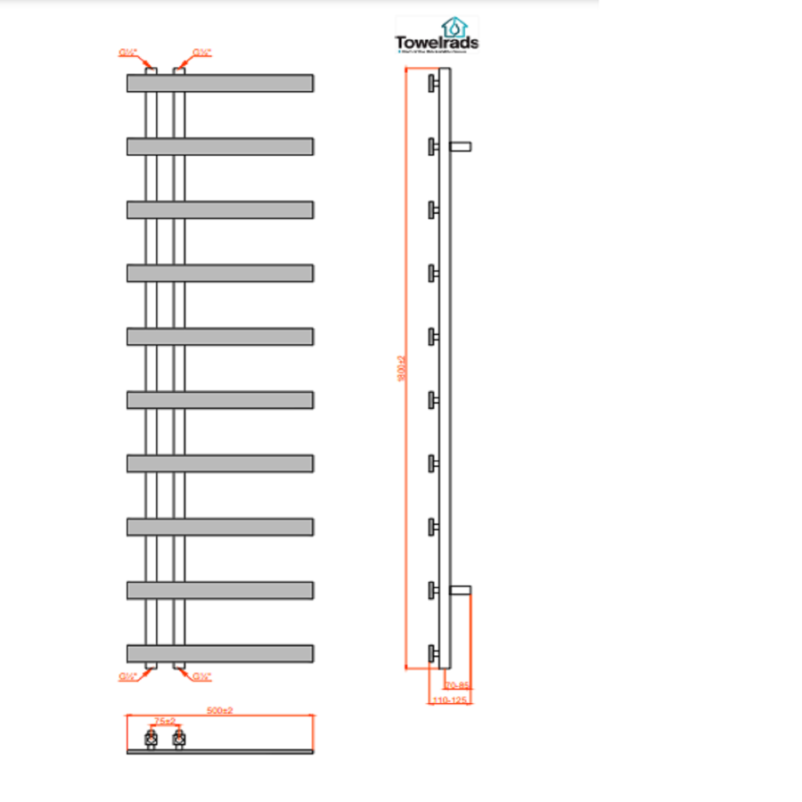 Anthracite Heated Towel Rail Radiator 1800 x 500mm - Horton