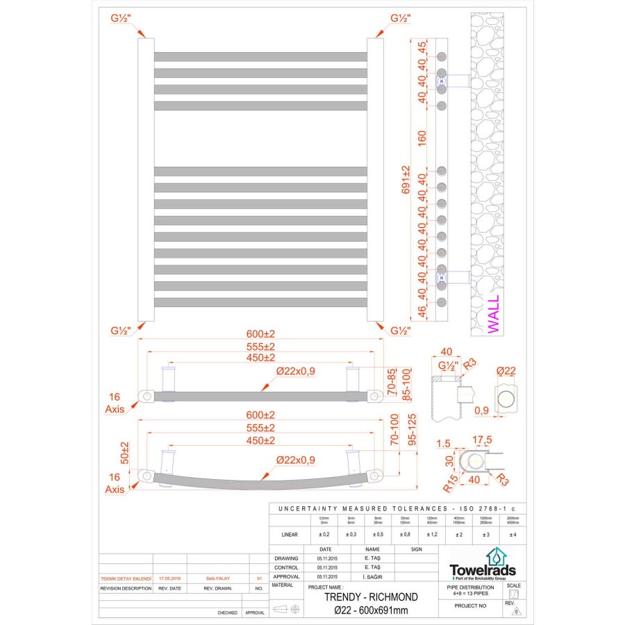 GRADE A1 - Richmond White Heated Towel Rail - 1186 x 450mm