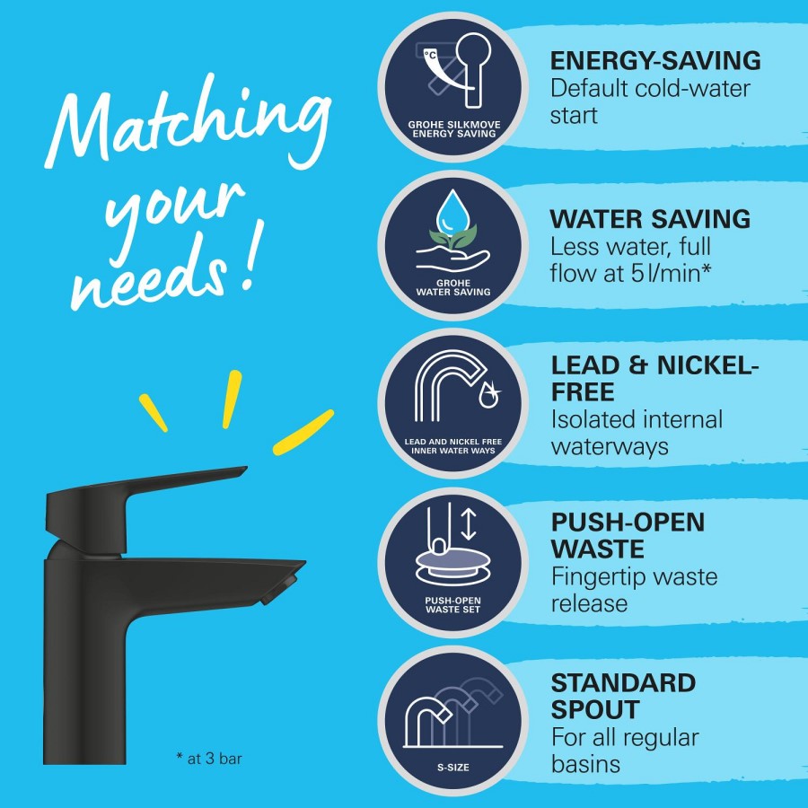 Grohe Start SilkMove EnergySaving Cloakroom Mono Basin Mixer Tap with Waste - Matt Black