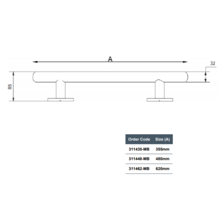 Black Straight Grab Rail 620 x 32mm - Nymas