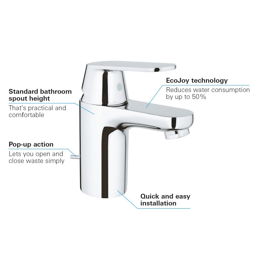 Grohe Eurosmart Cosmopolitan EcoJoy Basin Mixer Tap with Pop Up Waste