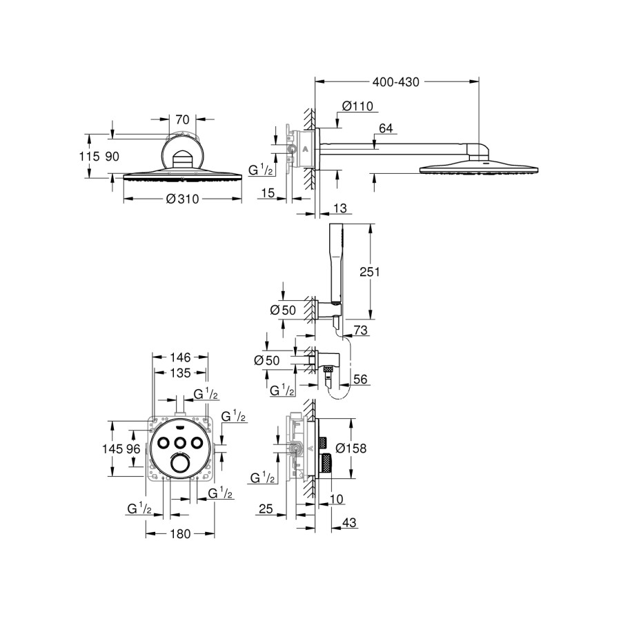 Grohe Grohtherm Concealed Thermostatic Mixer Shower with Wall Mounted Shower Head & Pencil Handset