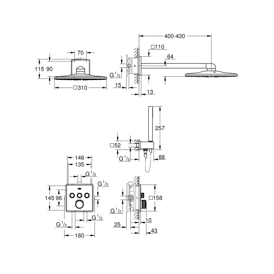 Grohe Grohtherm Concealed Thermostatic Mixer Shower with Square Wall Mounted Shower Head & Pencil Handset