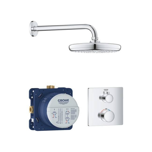 Grohe Tempesta 210 Chrome Concealed Shower Mixer with Dual Control & Round Wall Mounted Head with Square Valve