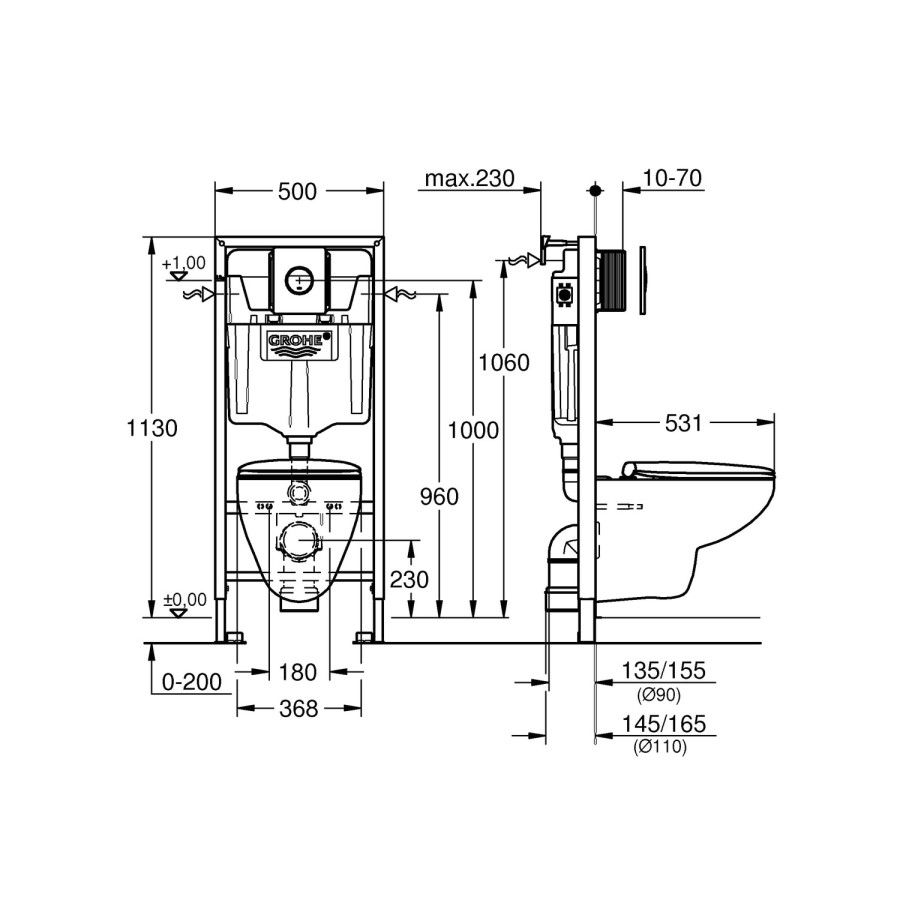 Wall Hung Toilet with Soft Close Seat Frame and Cistern - Grohe Solido Bau