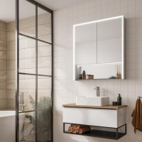 HIB Verve 80 - Mirrored Wall Bathroom Cabinet with lights & Shelf 800 x 900mm