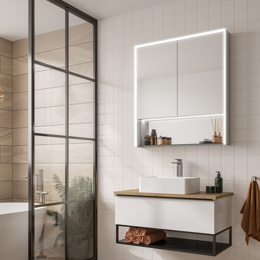 HIB Verve 80 - Mirrored Wall Bathroom Cabinet with lights & Shelf 800 x 900mm