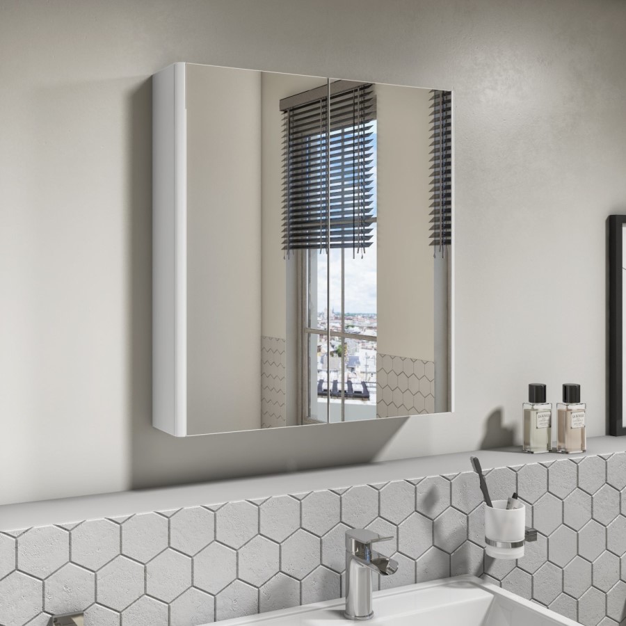 GRADE A2 - 600mm Wall Hung Mirrored 2 Door Cabinet White Gloss - Portland