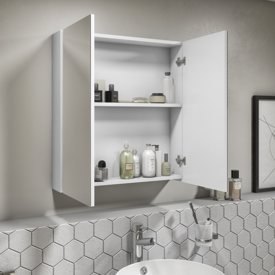 GRADE A2 - 600mm Wall Hung Mirrored 2 Door Cabinet White Gloss - Portland