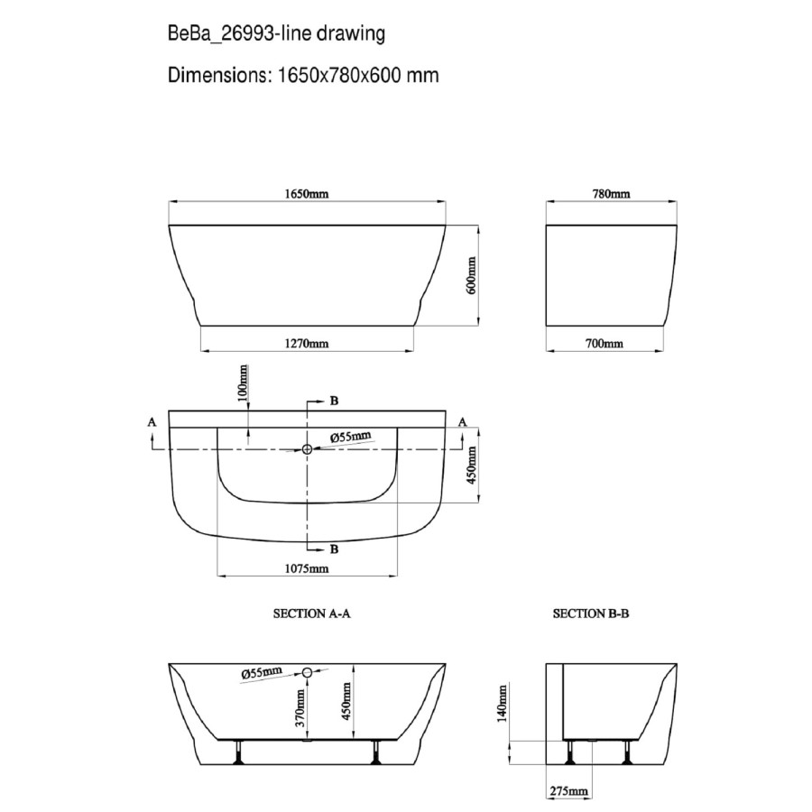 GRADE A1 - Manilla Freestanding Bath Double Ended Back To Wall - 1650 x 780mm