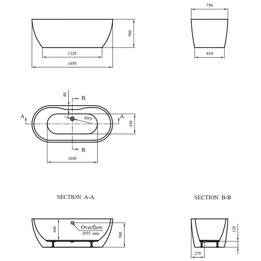 GRADE A1 - Freestanding Double Ended Bath 1650 x 750mm - Lisbon
