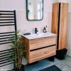 GRADE A2 - Wood Effect Wall Mounted Tall Bathroom Cabinet 420mm - Roxbi