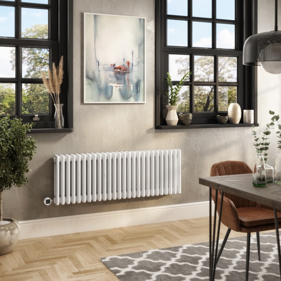 White Horizontal Column Smart Electric Radiator with Wi-Fi Thermostat - 1200W - H400xW1190mm - Bathroom Safe