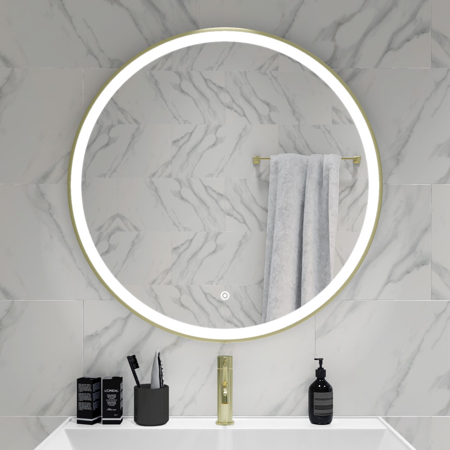 Round Brass Heated Bathroom Mirror with Lights 800mm - Antares - Better Bathrooms