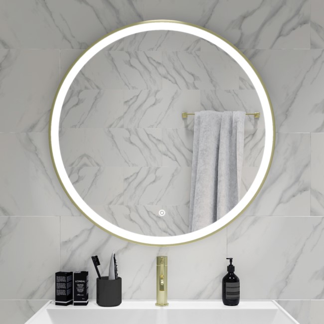 Round Brass LED Heated Bathroom Mirror 800mm Antares Better Bathrooms