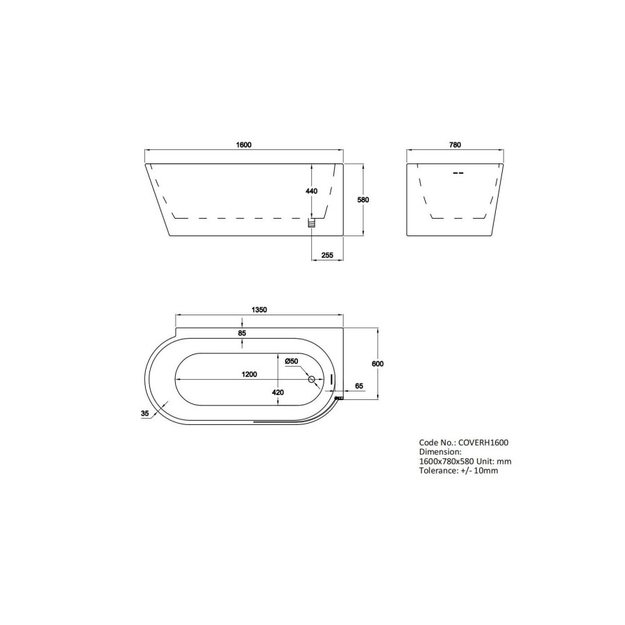 GRADE A2 - Freestanding Single Ended Right Hand Corner Bath 1600 x 780mm - Cove