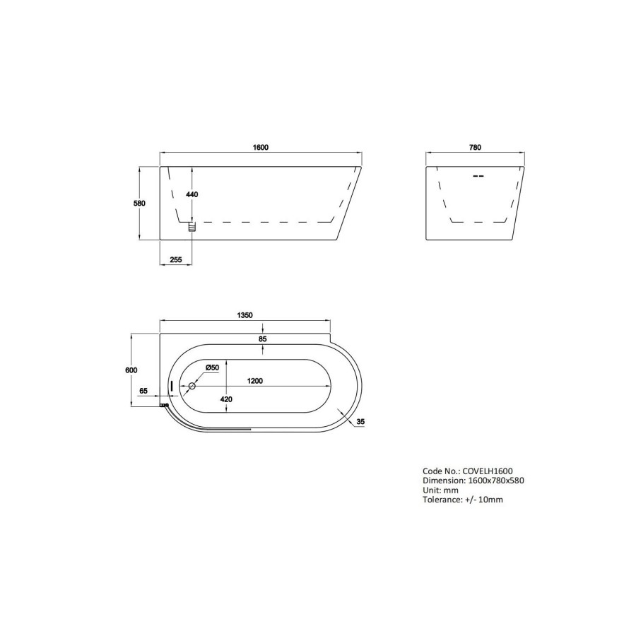 GRADE A2 - Freestanding Single Ended Left Hand Corner Bath 1600 x 780mm - Cove