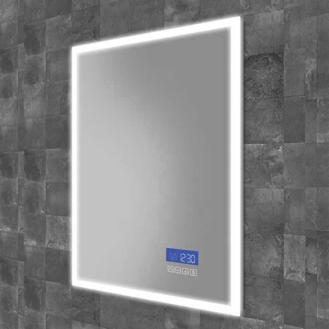 Rectangular LED Heated Bathroom Mirror with Digital Display, Bluetooth & Shaver Socket 500 x 700mm- HiB Globe Plus 50