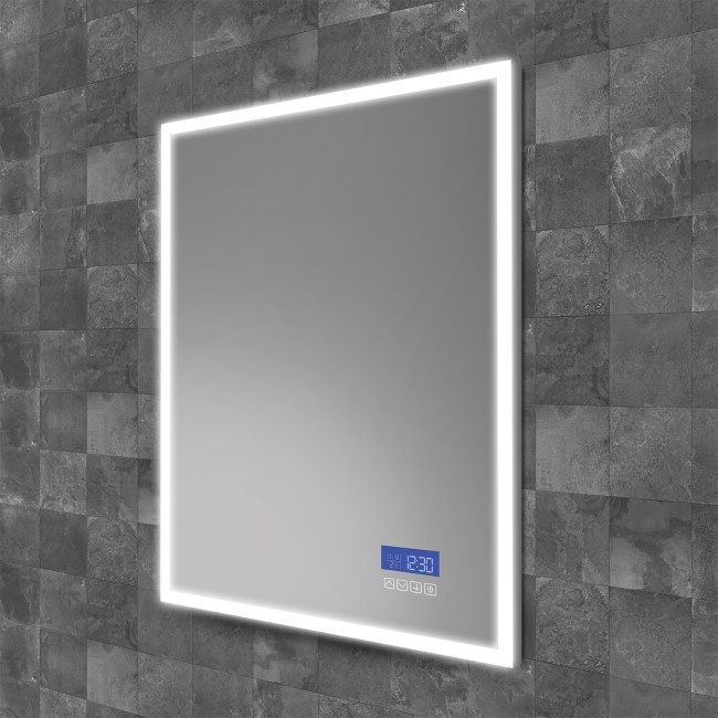 Rectangular LED Heated Bathroom Mirror with Digital Display, Bluetooth & Shaver Socket 600 x 800mm- HiB Globe Plus 60