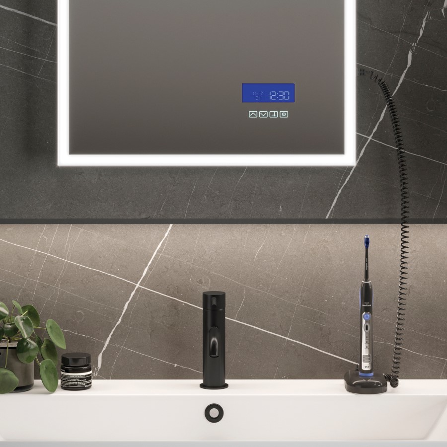 Rectangular Heated Bathroom Mirror with Lights Digital Display Shaver Socket & Bluetooth Speakers 800 x 600mm- HiB Globe Plus 80