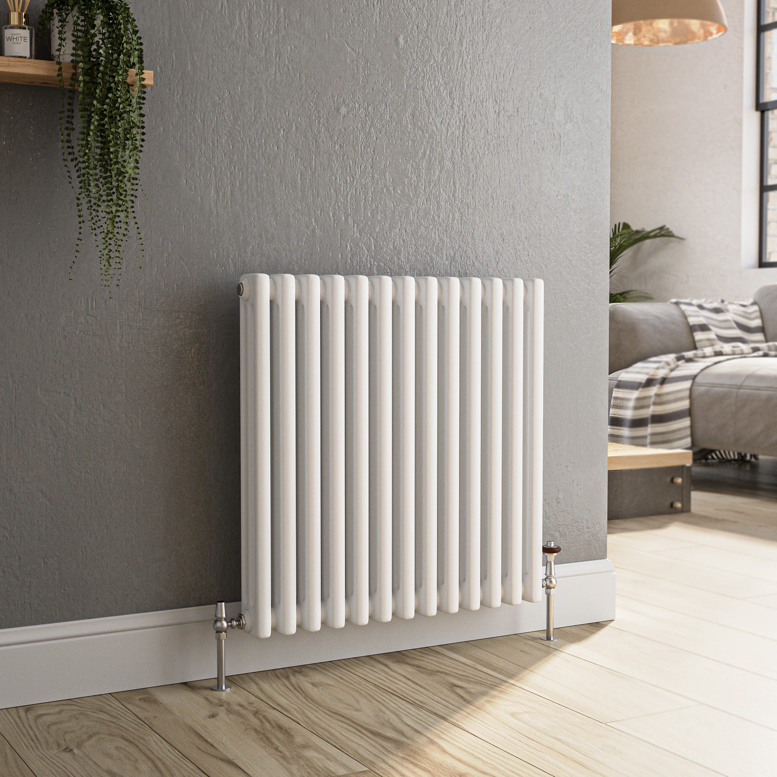 Reggio White Horizontal Triple Column Traditional Radiator 600X605mm 2586 Btu - Cast Iron Style