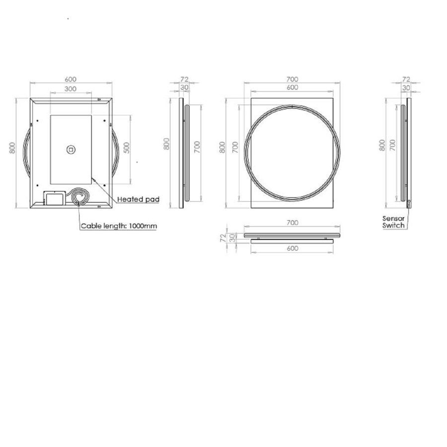 Black Round Heated Bathroom Mirror with Lights 600 x 800mm- hib. Solas 60