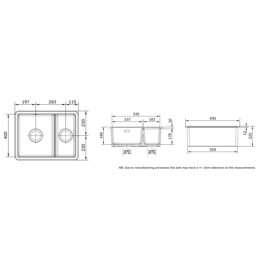 GRADE A1 - Box Opened Rangemaster Rustique White 1.5 Bowl Undermount Ceramic Kitchen Sink