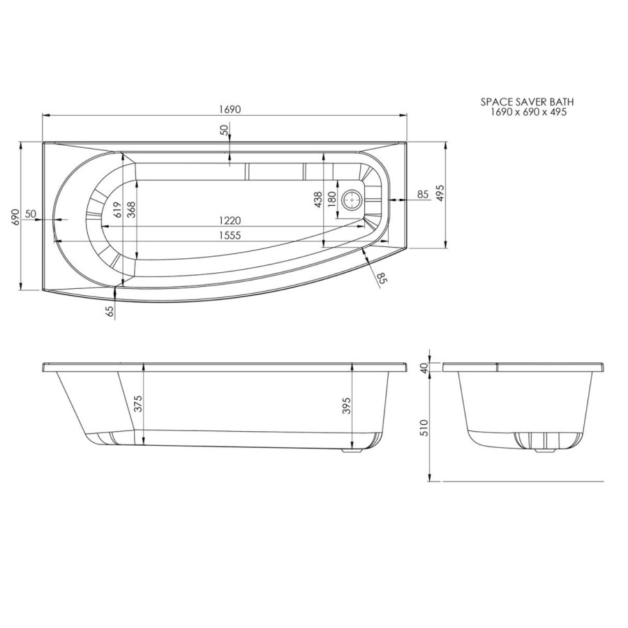 Brooklyn Spacesaver Left Hand Shower Bath with Shower Screen - 1690 x 690mm