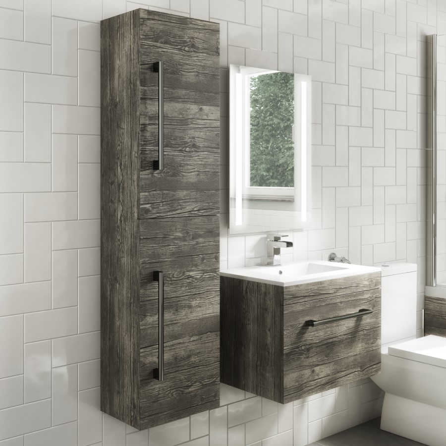 GRADE A1 - 1400mm Wall Hung Tall Boy Bathroom Cabinet - Grey Wood Effect - Ashford