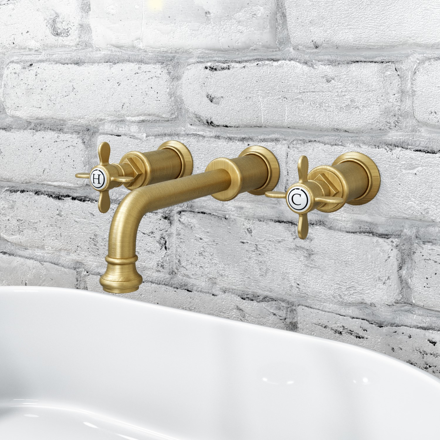 Wall Mounted Brass Double Lever Basin Mixer Tap - Camden - Better Bathrooms