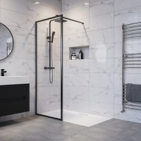 GRADE A1 - Black 1400mm Framed Wet Room Shower Screen with Wall Support Bar - Zolla