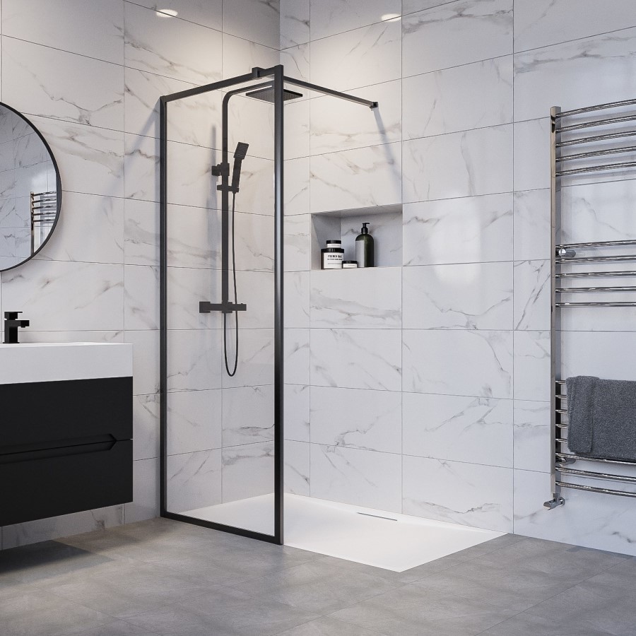 GRADE A1 - Black 1400mm Framed Wet Room Shower Screen with Wall Support Bar - Zolla