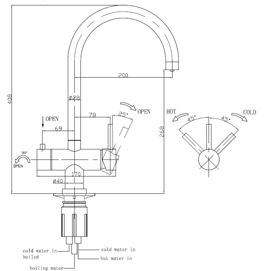 GRADE A3 - Chrome 3 in 1 Boiling Water Tap  - Pronto Vesta