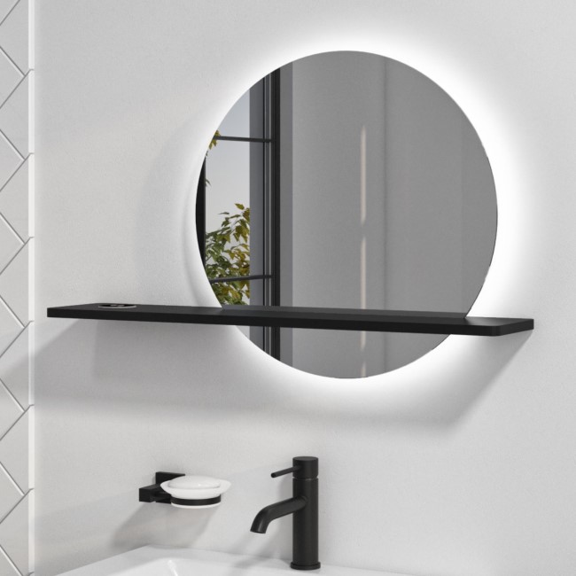GRADE A1 - Round LED Bathroom Mirror with Black Shelf - 500mm - Ersa