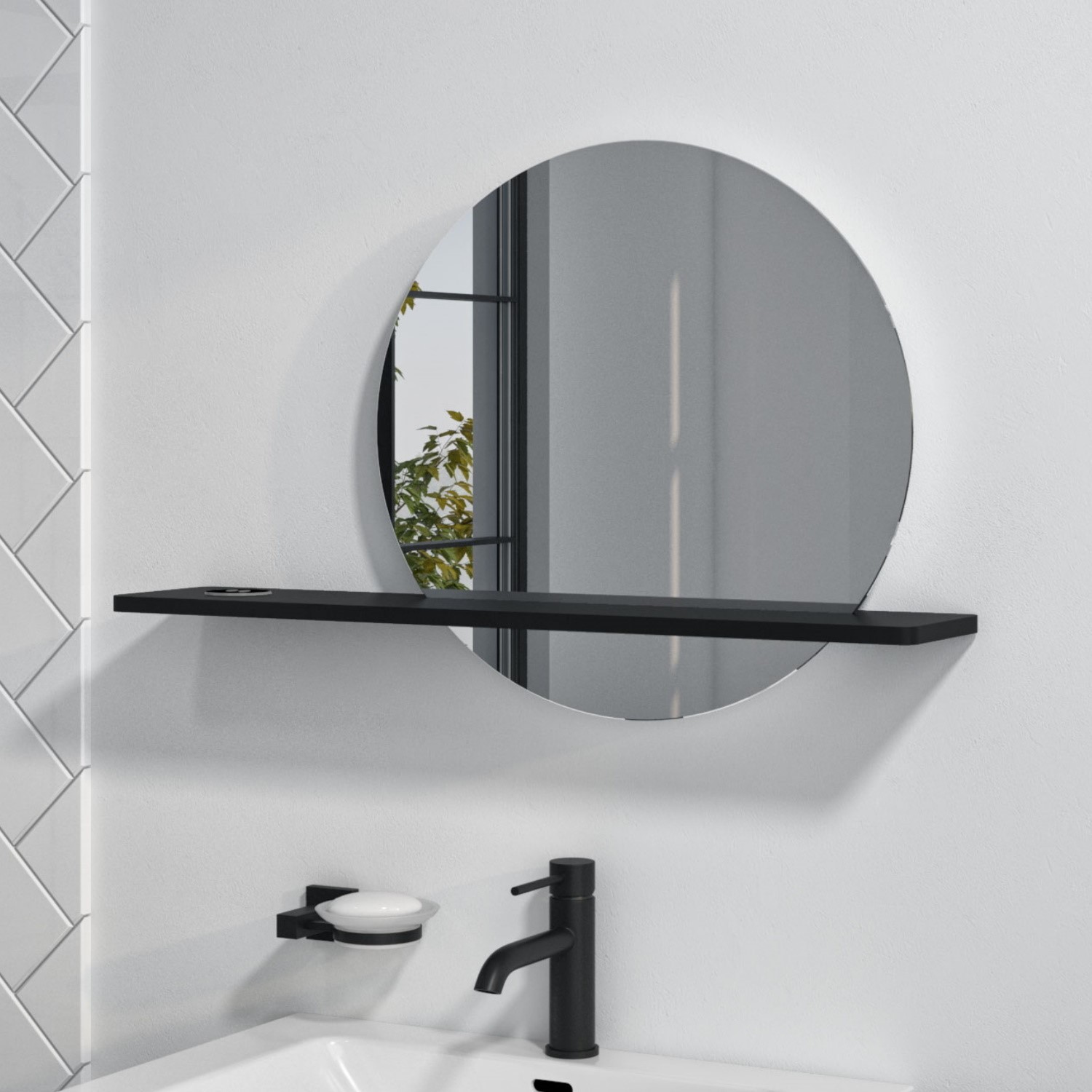 GRADE A1 Round LED Bathroom Mirror with Black Shelf 500mm Ersa