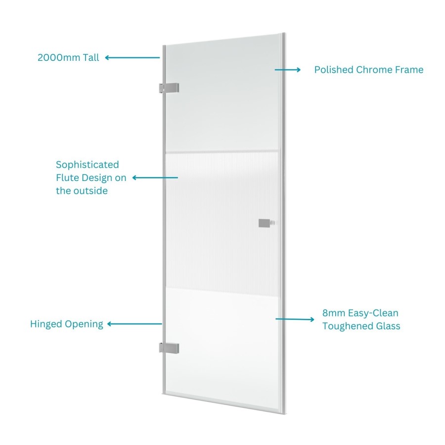 ONLY OPENED - Chrome 8mm Fluted Glass Hinged Shower Door 800mm Left Hand - Matira