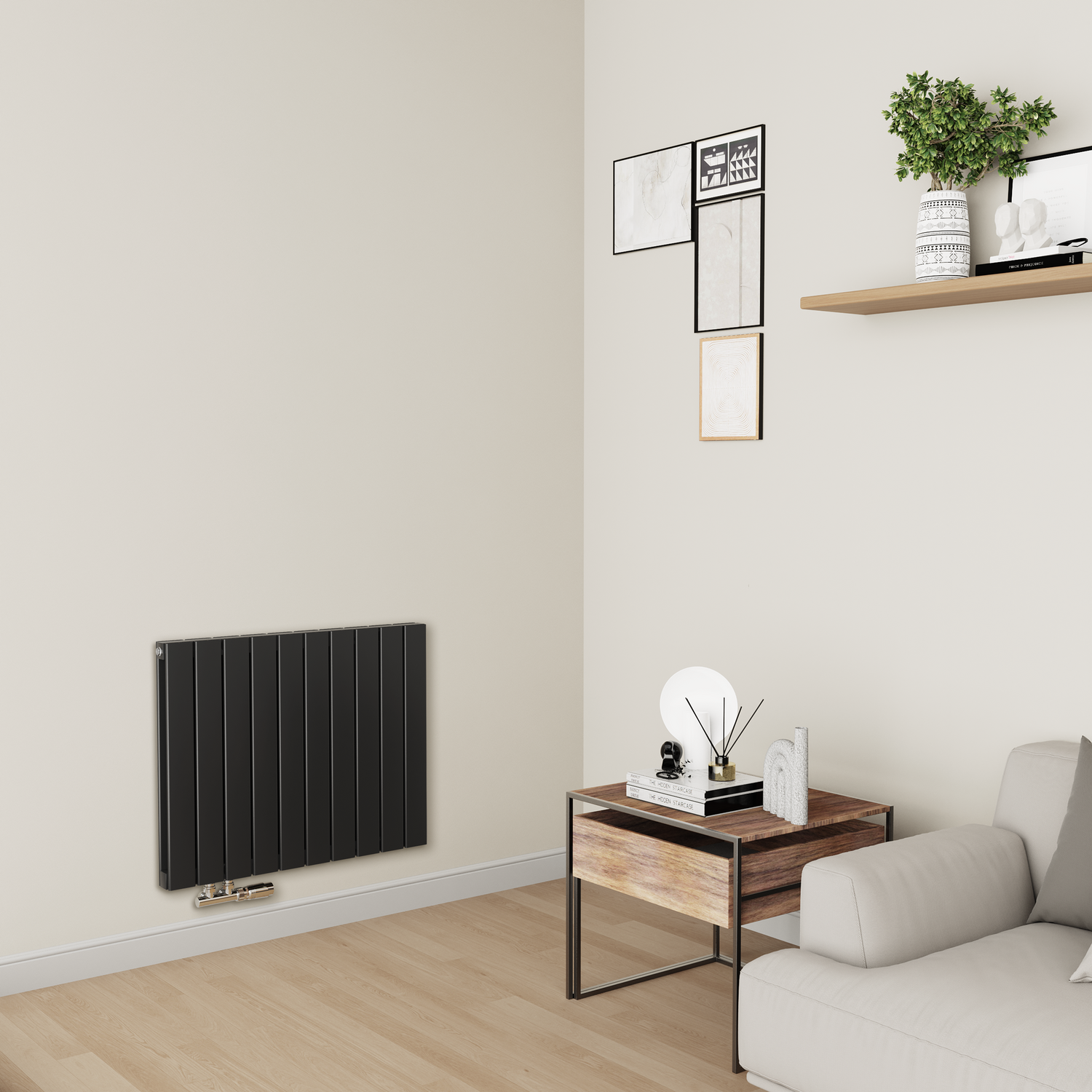 Eco Eleganza Black Midnight Horizontal Flat Aluminium Middle Connection Radiator 600X750mm Double Panel 3056 Btu