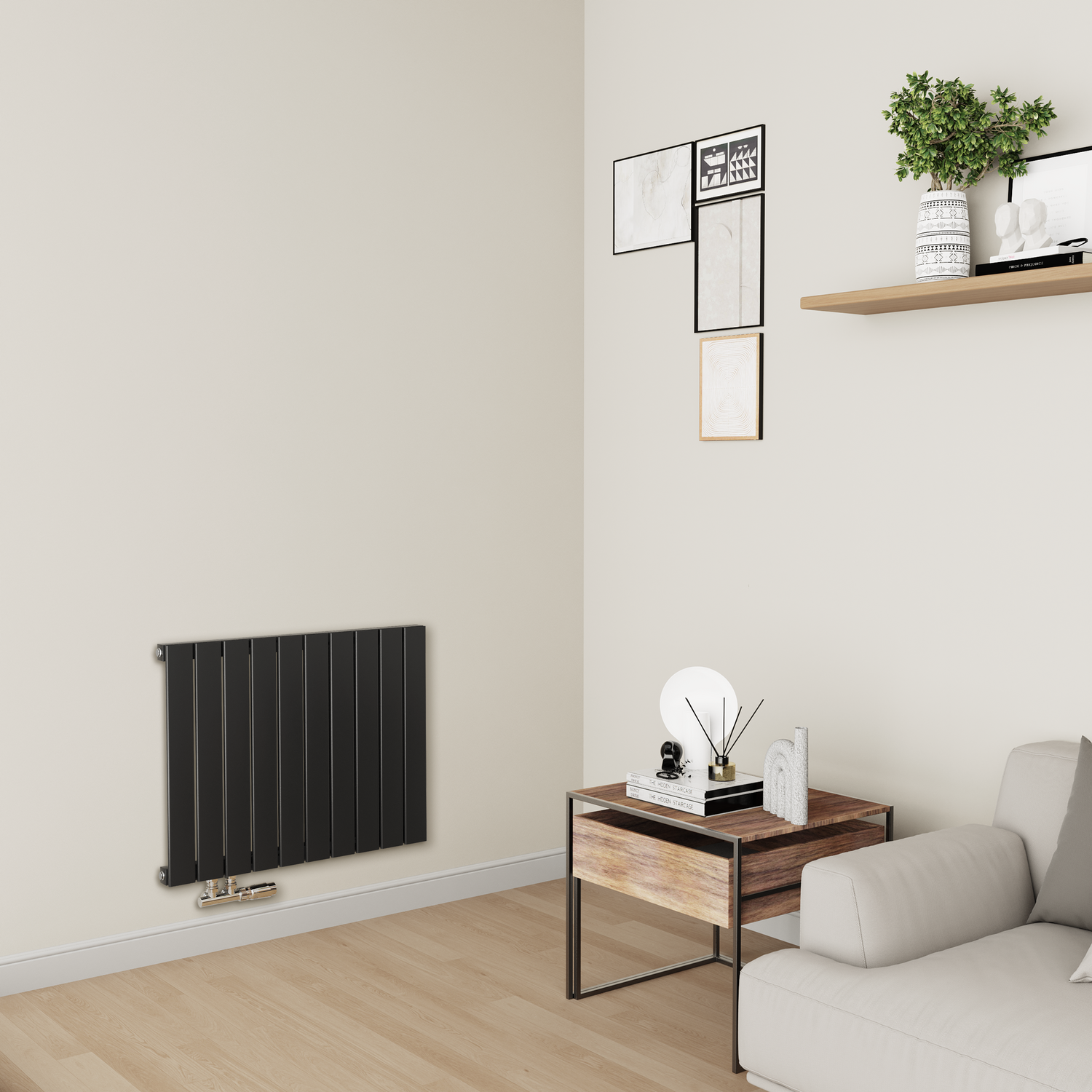 Eco Eleganza Black Midnight Horizontal Flat Aluminium Middle Connection Radiator 600X750mm Single Panel 2302 Btu